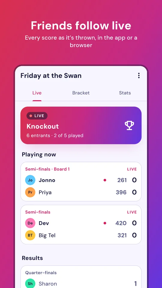 Following a tournament live: matches in play with their scores
