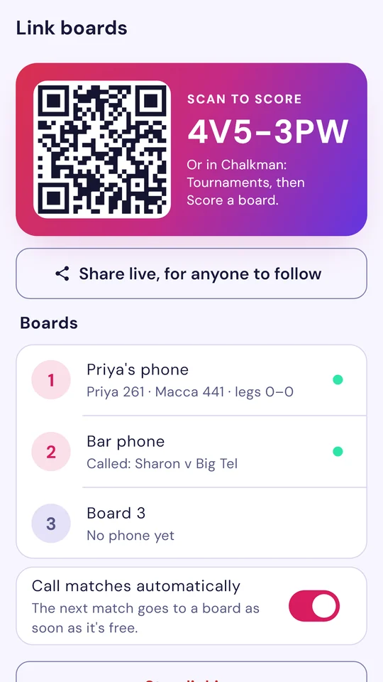 The organiser's phone: a QR code for board phones to scan, and each board with its match and phone
