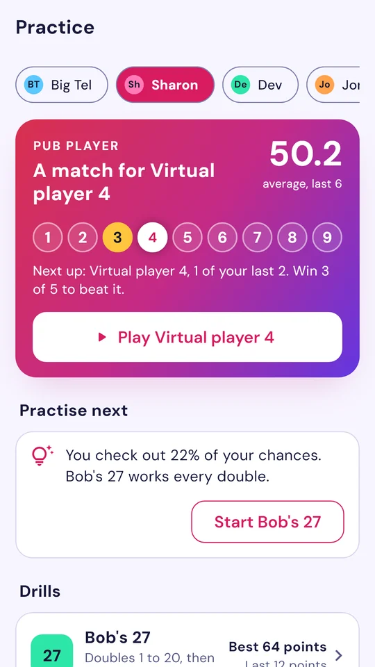 Practice: a player's level, the virtual player ladder and a suggested drill